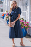 Faux Denim Calf Length Bubble Sleeve Tie Dress