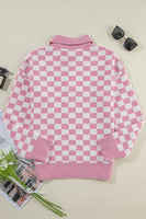 Checkered Buttons V Neck Drop Shoulder Sweater