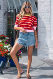 Stripe Colorblock Trim 3/4 Sleeve Sweater Top
