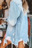 Women Wash Distressed Frayed Long Denim Jacket