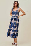 Abstract Print Smocked Bodice Tiered Lined Midi Dress