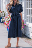 Faux Denim Calf Length Bubble Sleeve Tie Dress