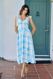 Shell Smocked Bodice Shoulder Tie Lined Midi Dress