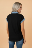 Colorblock Denim Patchwork Waffle Knit Buttoned Shirt
