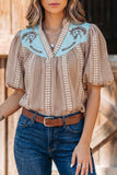 Western Pony Embroidered Gingham Puff Sleeve Blouse