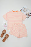 Orange Peach Stripe Contrast Loose Tee Short Set
