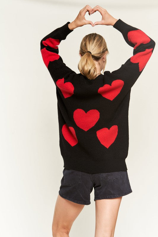 Red Heart Printed Oversized Black Sweater – Leather & Lights