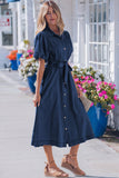 Faux Denim Calf Length Bubble Sleeve Tie Dress