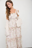 Floral Tie Strap Chiffon Tiered Ruffle Dress.