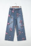 Floral Denim Elastic Waist Straight Leg Jeans