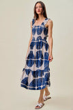 Abstract Print Smocked Bodice Tiered Lined Midi Dress