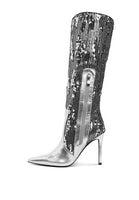 Platinum Sequin Embellished Stiletto Long Boots