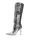 Platinum Sequin Embellished Stiletto Long Boots