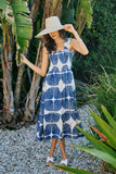 Abstract Print Smocked Bodice Tiered Lined Midi Dress