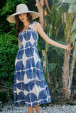 Abstract Print Smocked Bodice Tiered Lined Midi Dress