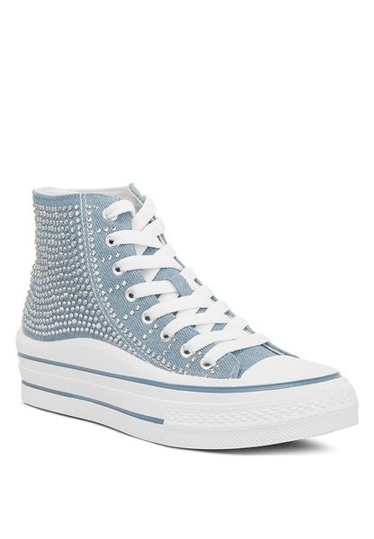 Lace Up Rhinestone Embellished Ankle  Denim Sneakers