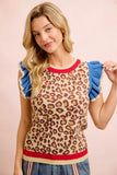 4th Of July Leopard Ruffled Detail Knit Top