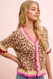 BiBi Leopard Patterned Ruffled Detail Button Cardigan