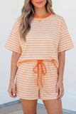 Orange Peach Stripe Contrast Loose Tee Short Set