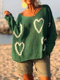 Heart V-Neck Dropped Shoulder Sweater