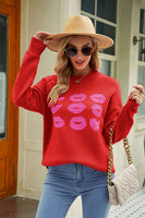 Contrast Lip Pattern Round Neck Slit Sweater