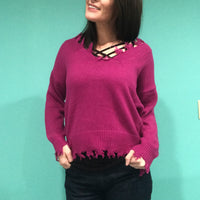 Magenta Frayed Sweater