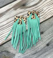 Teal Fringe Leopard Earrings